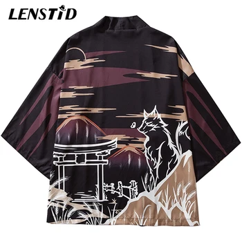 

LENSTID 2020 Harajuku Hip Hop Men Streetwear Wolf Print Jacket Kimono Japanese Summer Thin Gown Japan Style Street Wear Jackets