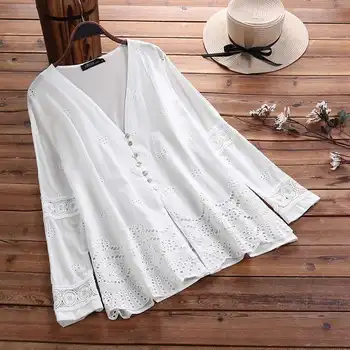 

Bohemian Lace Patchwork Tops Women's Summer Blouse ZANZEA 2020 Elegant V Neck Button Blusas Female Long Sleeve Shirts Oversized