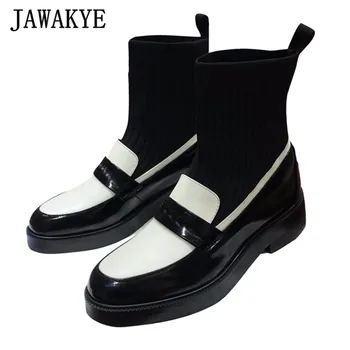 

Genuine Leather Patchwork Knitting knee high boots women patchwork ankle boots Elastic Socks shoes autumn flat heel long boots