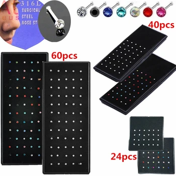 

60/40/24pcs/pack Stainless Steel Crystal Nose Ring Set Women Surgical Steel Nose Piercing Set ear bone needle Studs Body Jewelry