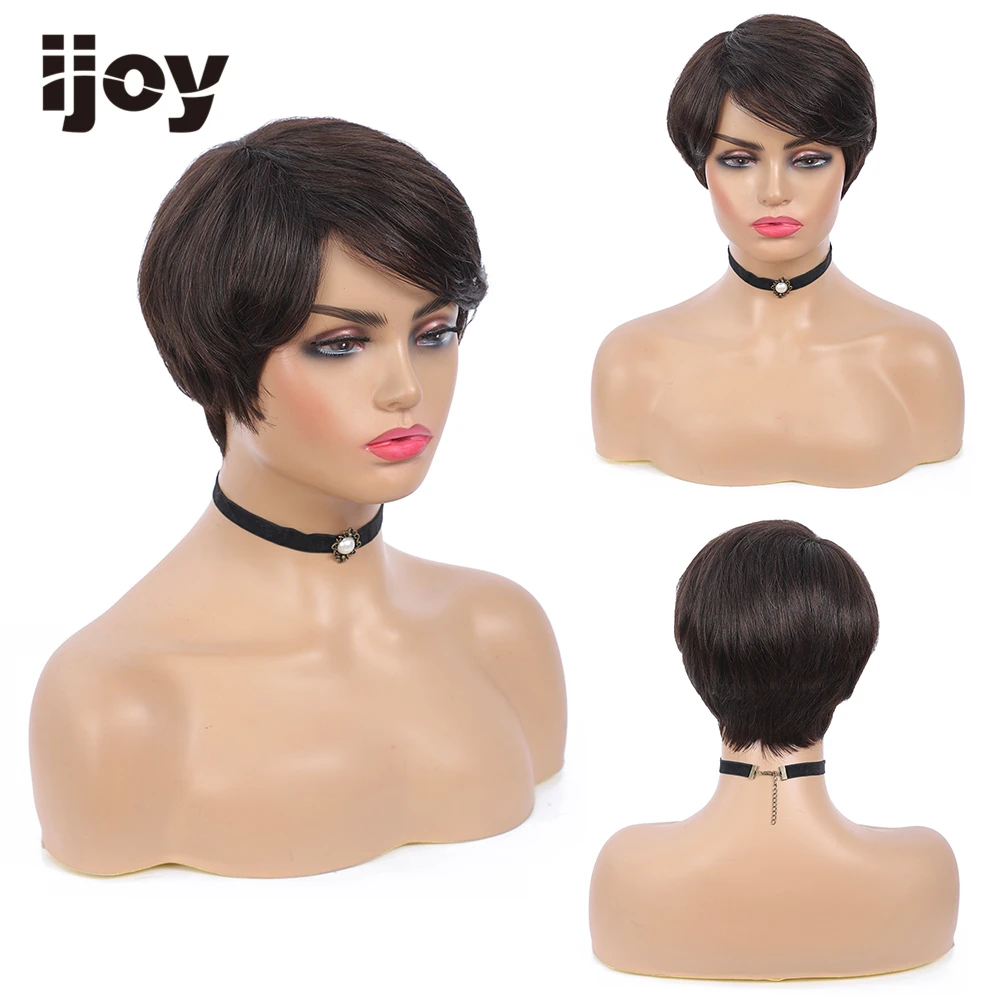 

Human Hair Wig With Bangs Short Straight Wig Colored Natural Color Brazilian Hair Full Machine Wigs For Women Non-Remy IJOY