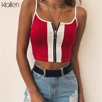 

KLALIEN 2019 New Fashion Red White Patchwork Zipper Fly Women Crop Tops Cotton Casual Knitted Tank tops Camis Slim Camisole