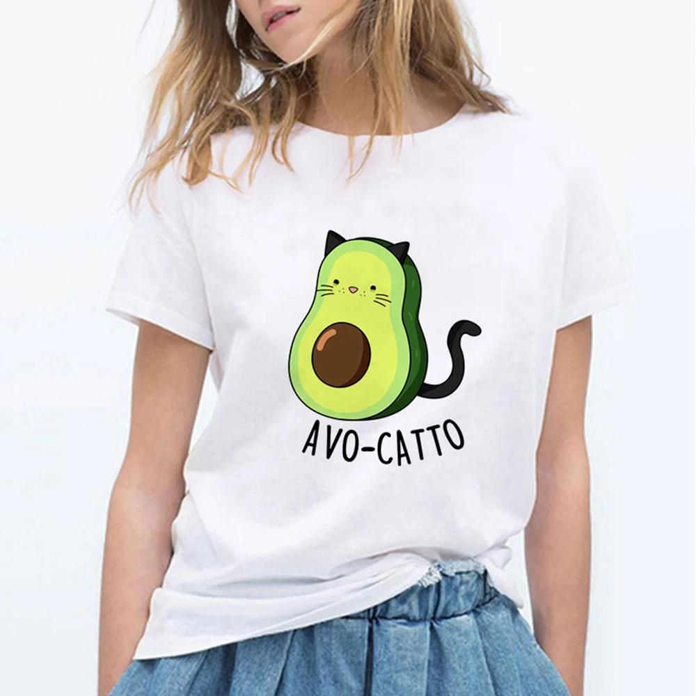 Luckyролл авокадо кошка шаблон Футболка для женщин Harajuku веган милые топы размера плюс S-3XL футболка - Цвет: 19bk472