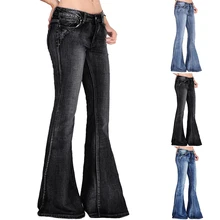 Модные женские узкие джинсы, осенние длинные джинсы, повседневные тонкие женские потертые джинсовые расклешенные брюки, повседневные уличные штаны