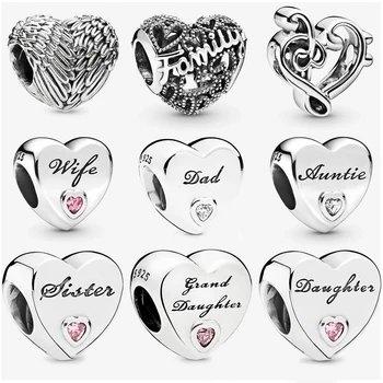 

2019 Autumn New 925 Sterling Silver Beads Auntie Love Heart familily Charms fit Original Pandora Bracelets DIY Jewelry For Women