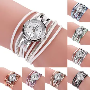 

Lady Retro Rhinestone Multilayer Faux Leather Analog Quartz Bracelet Wrist Watch Ladies Dress Watches Gift Luxury