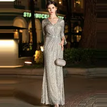 Вечернее платье с блестками, серебряное, v-образный вырез, Платье De Soiree K019, длинное размера плюс, женские вечерние платья, элегантное вечернее платье с длинным рукавом