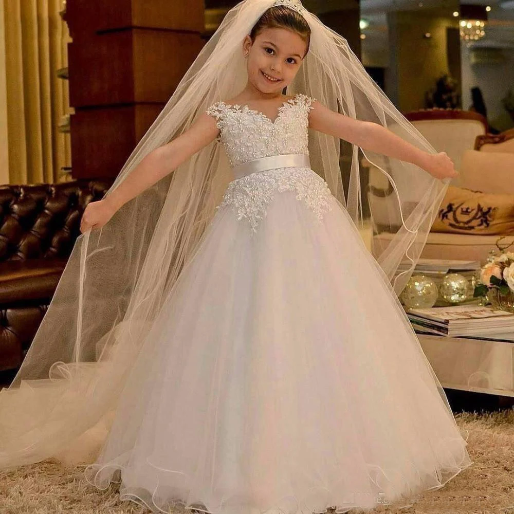 

White Royal Princess White Flower Girl Dresses For Church Weddings A Line Cap Sleeves Appliqued Kids Formal Birthday Party Gown