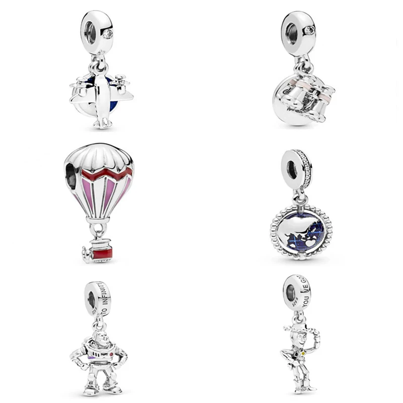 

100% 925 new sterling silver globe propeller airplane telescope pendant decorated Pandoras with red hot air balloon charm