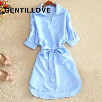 

Gentillove Office Lady Sashes Solid Chiffon Dress Women 2020 Summer Casual Shirt Dress Elegant Tunic Clothes Beach Party Dress