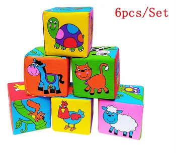 

0-12 Month Infant Cartoon Design Cloth Building Block Stuffed Doll Newborn Kid Soft Rattle Plush Block Cube Educational Baby Toy
