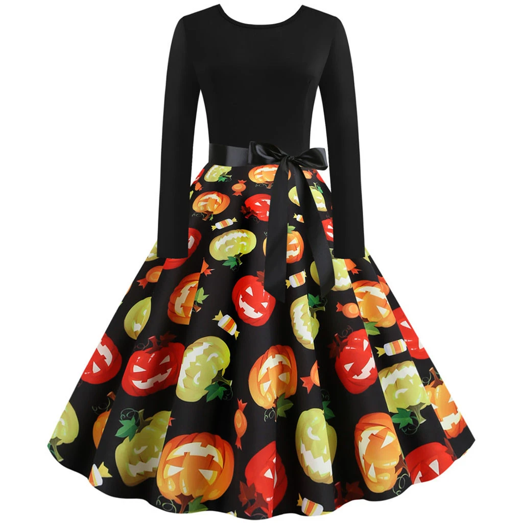 New Evening Party Dress Autumn Vintage Long Sleeve A Line Dresses O Neck 50s Housewife Halloween Pleated Dress Winter Ladies 805