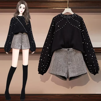 

Large Size 2 Piece Sets Spring Winter Beaded Long Sleeve Sweater + High Waist Shorts Women Two Piece Outfits Casual Suit TA2057