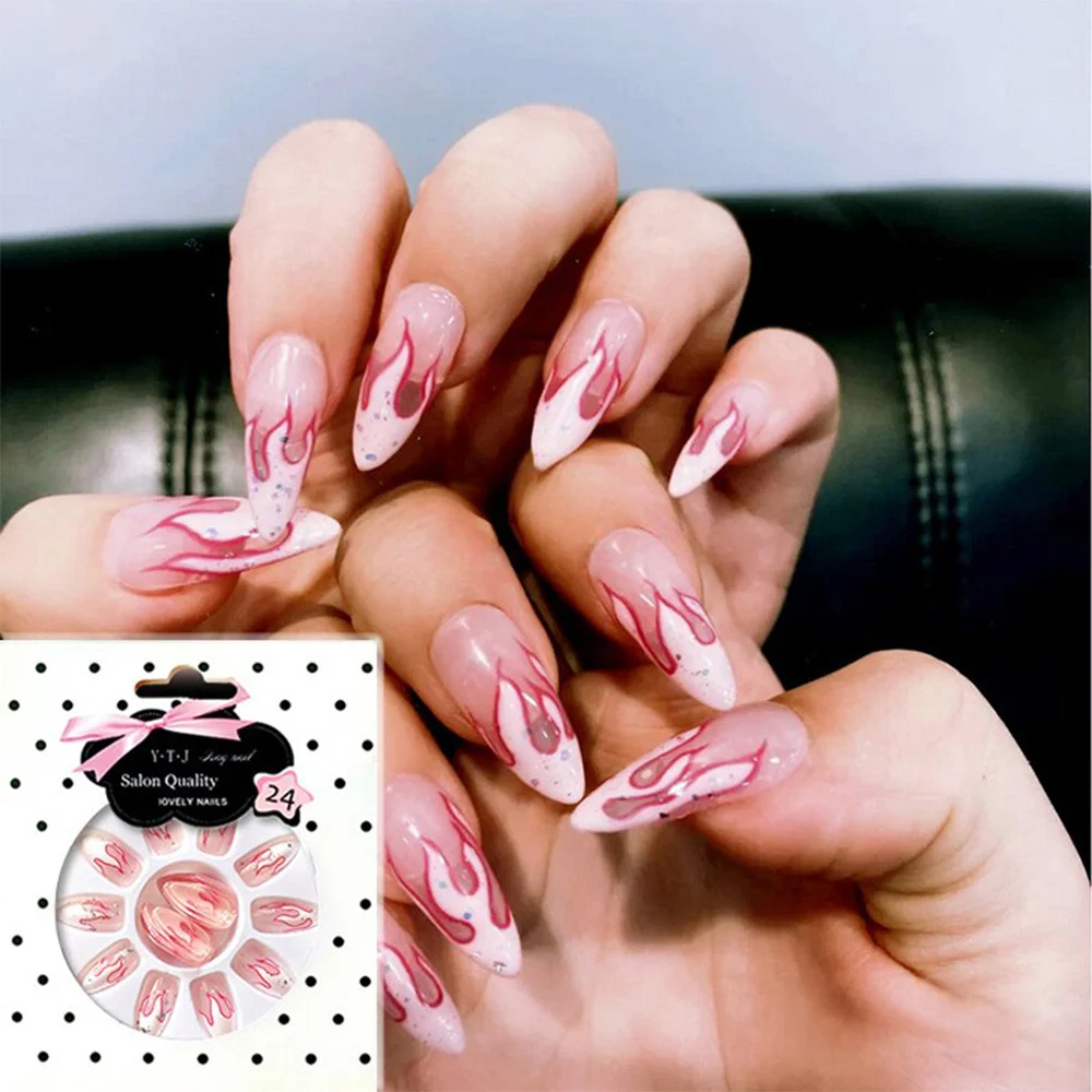 

24pcs Black Flame Fake Nails Extra Long Coffin Ballet False Nails With Glue Press on Nails Full Cover French Nail Tips Nail Art