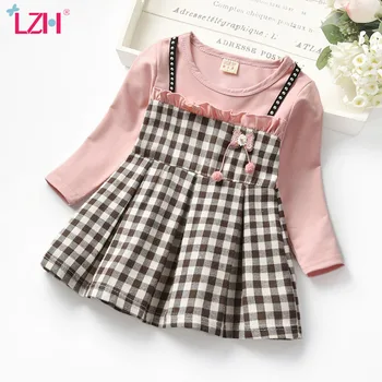 

LZH 2020 Autumn Casual Rivet Strap Plaid Fake 2pcs Sets Lace Princess Dress Baby Girl Dress Long Sleeve Newborn Clothes 0-3 Year