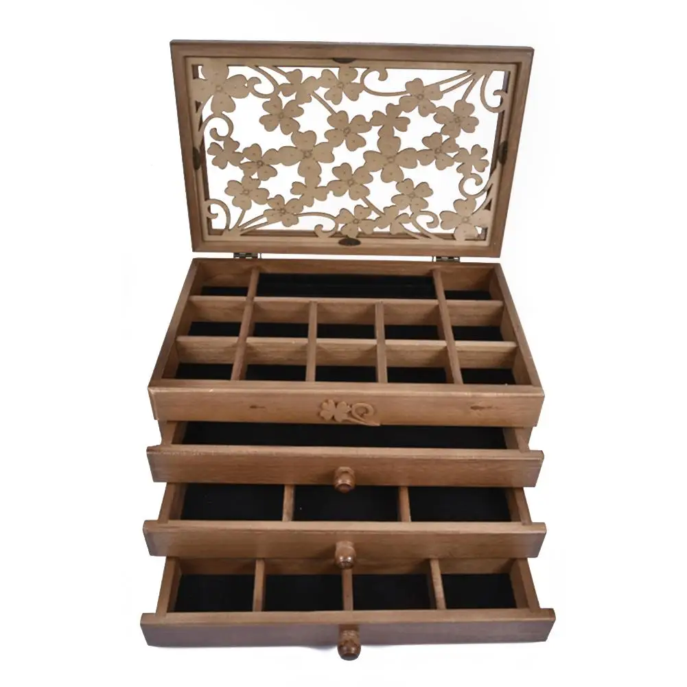 

3-Layer Cherry Jewelry Storage Box Wooden Jewelry Bag Organizer Case With 3 Drawers Dark Brown For Earrings Necklace Hairpin