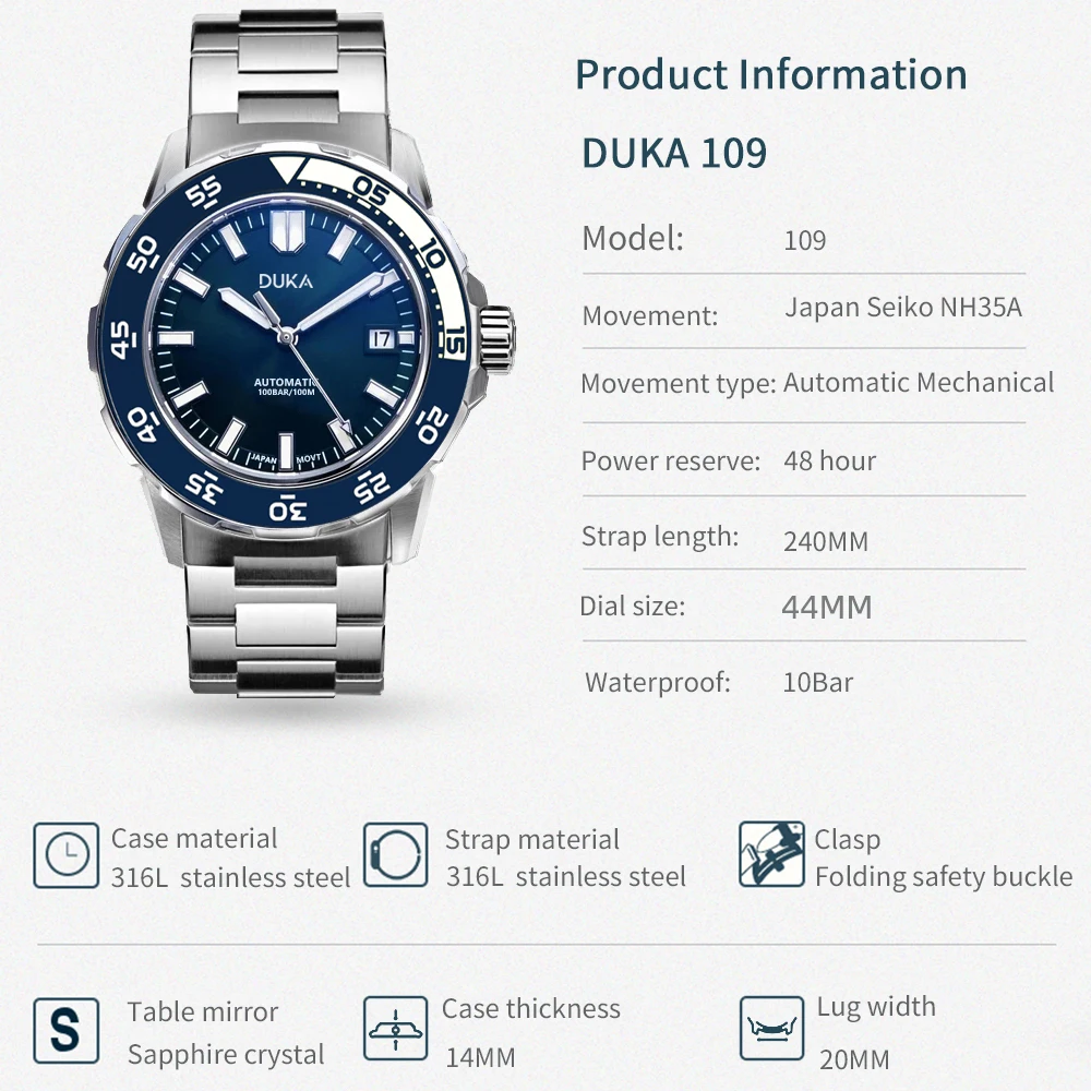 New DUKA Wrist Watch Brand luxury Automatic watch for men mechanical watch men NH35 ceramics Bezel 100m Steel Diver Watch