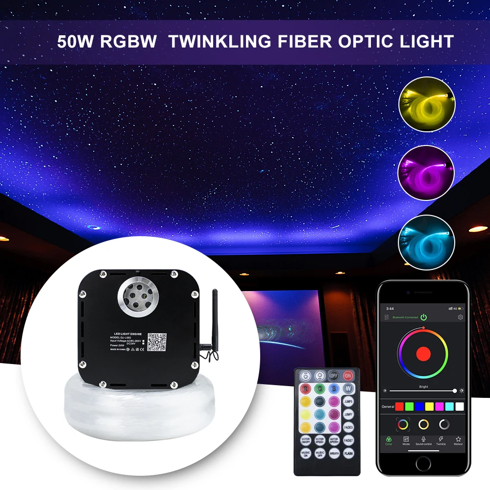 Smartphone APP Control Fiber Optic Light  50W RGBW Twinkle  Fiber Optic Light Starry Sky Effect Ceiling Kit 1000pcs 5m 0.75mm