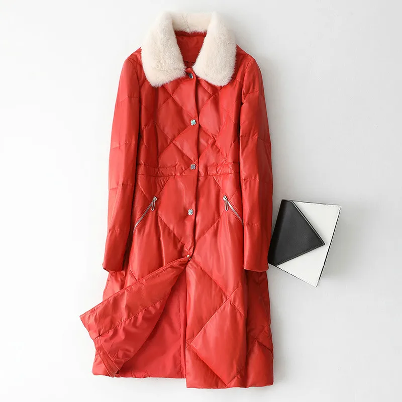 red Норковый меховой воротник из овечьей кожи, женский пуховик из натуральной кожи, осенне-зимнее пальто, женская одежда, корейские Топы ZT4747 - Цвет: red