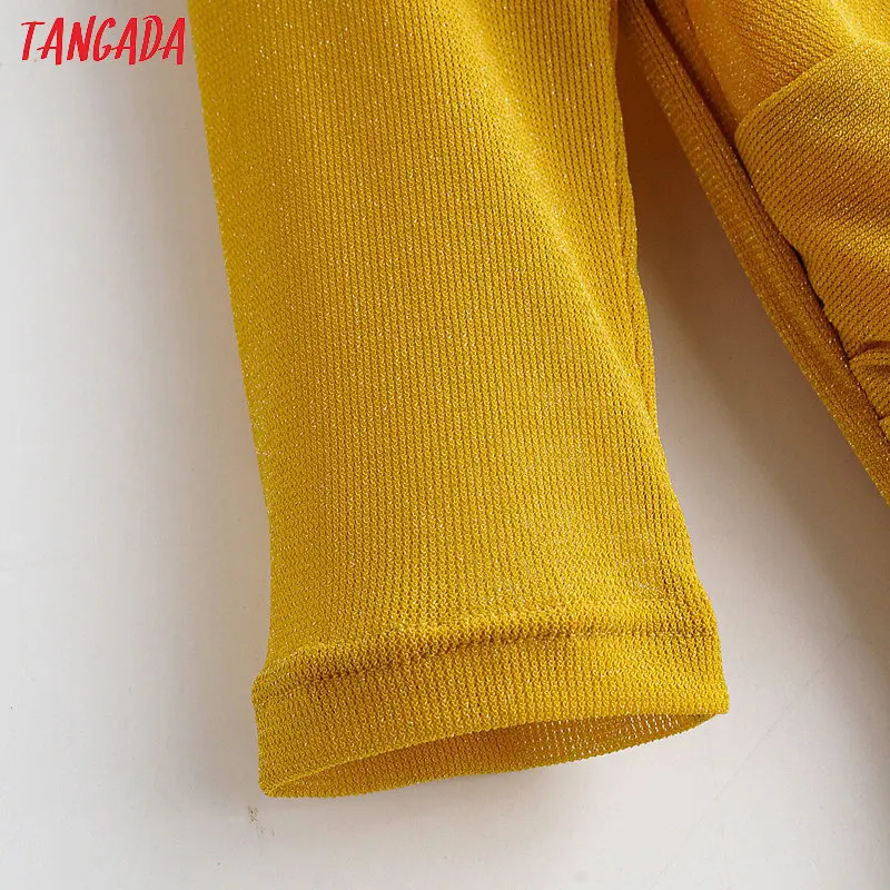 Tangada, женское Сексуальное желтое платье миди, плиссированное, глубокий v-образный вырез, длинный рукав, стрейч, женские платья для вечеринок, vestidos mujer 1F18