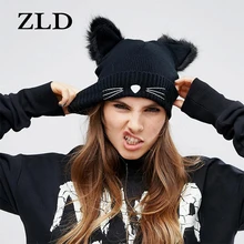 ZLD New Hot Sale Cat Ears Women Hat Knitted Acrylic Warm Winter Beanie Caps Crochet Fur Women's Birthday Gifts winter