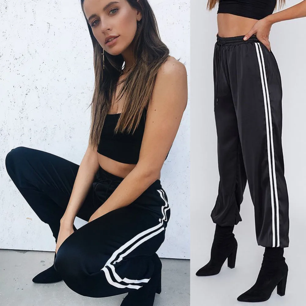

Goocheer High arrival Women Sexy Pants Striped Side Loose Drawstring Elastic High Waist Slim Pencil Casual Long Trouser
