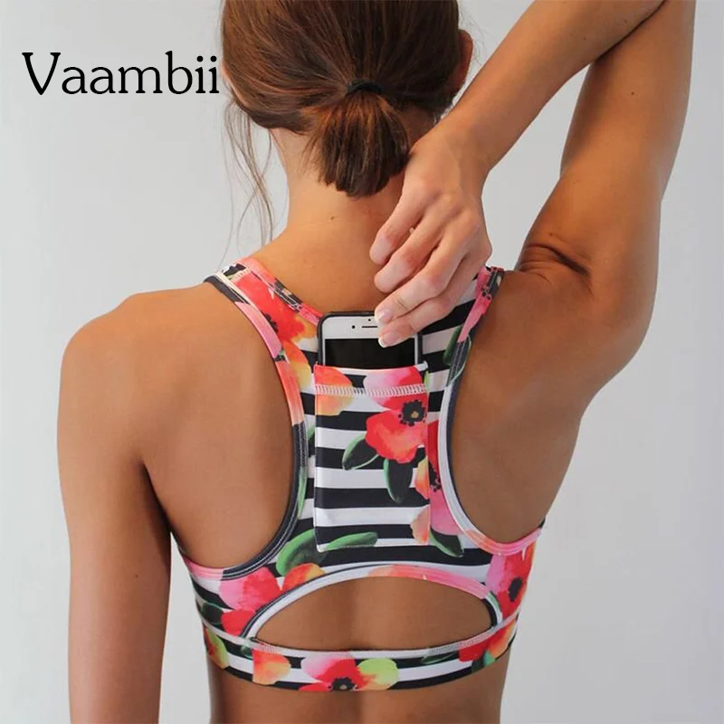 

Print Pocket Backless Sports Bra Ladies Plus Size Padded Open Back Free Shipping Exercise Sportswear Womens 2020 Sports Wear