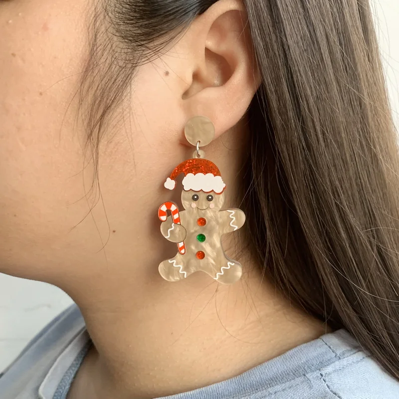 Christmas Cake Acrylic Dangle Earrings - Gingerbread Men, Stars & Berries Festive Jewelry - View #12