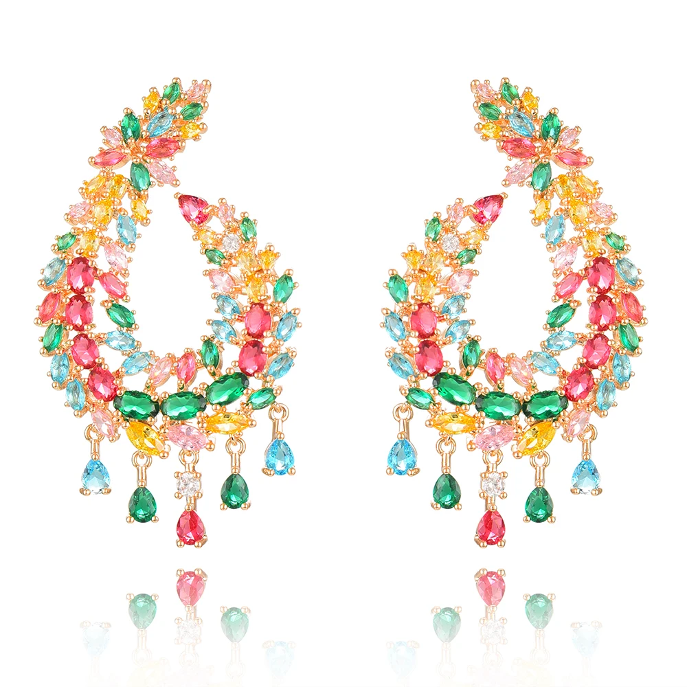 Multicolor GODKI, модные, элегантные, с большим кубическим цирконием, CZ, большие серьги, кисточки, массивные серьги для женщин, для свадебной вечеринки, Gif - Окраска металла: Multicolor
