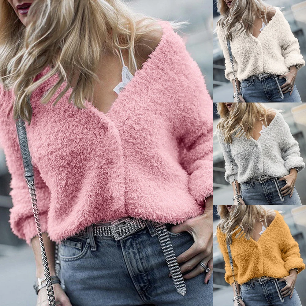 Cysincos Women's V-neck Button Plush Sweater Cashmere Female Pullover Coat 2019 Fashion Autumn Winter New Wool | Женская одежда