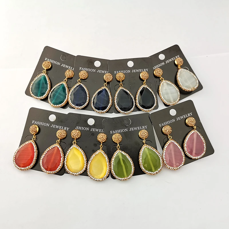 

4Pairs Cat Eyes' Gem stone Drop Opal Stone Earrings,Pave Rhinestone CZ Faceted Stone Dangle Earrings For Women Jewelry ER1068