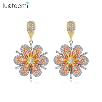 

LUOTEEMI Luxury Big Flower Drop Earrings for Women Wedding Engagement Fashion Jewelry CZ Boucle D'Oreille Femme Christmas Gifts