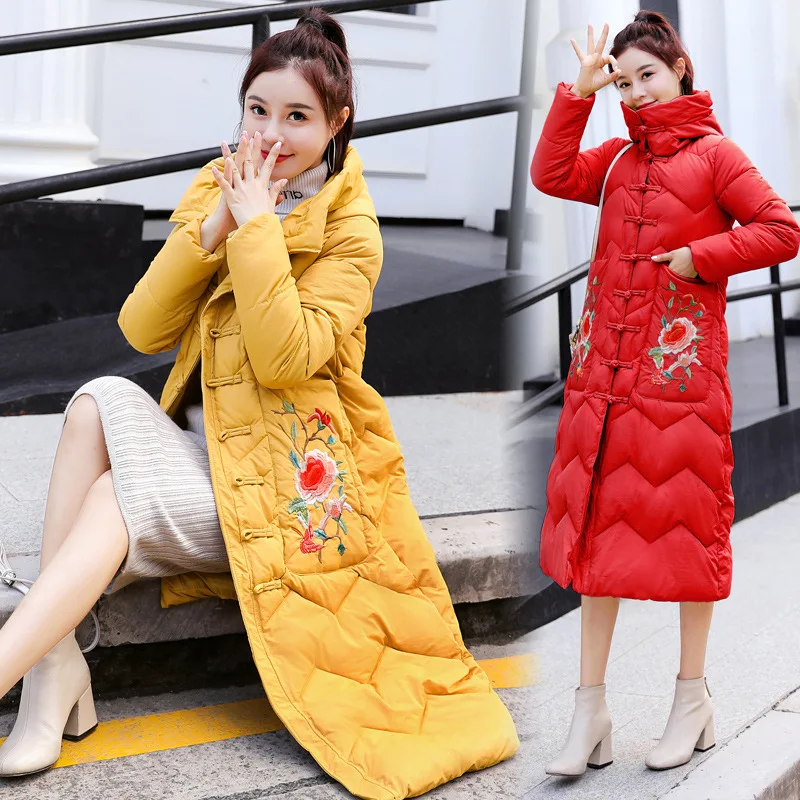 

Retro Chinese-style Long Embroidered Women's Literature And Art Hooded Cotton Overcoat Long Sleeve Cotton Coat Fashion Winter 20