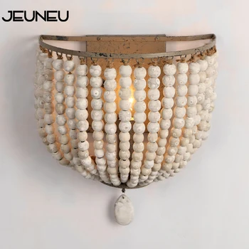 

European Retro Wall Lamp LED E14 Wooden Beads Wall Lights Bedroom Bedside Cafe Makeup Room Personality Decorative Lighting