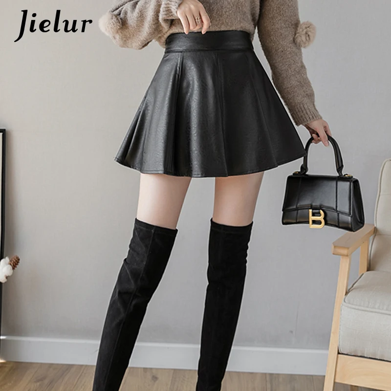 Jielur PU Pleated Skirt Autumn Women Solid Color Leather Winter Skirts Womens Slim High Waist Saia Faldas Chic Zipper Mini Skirt 3