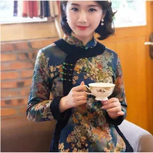 

Cheongsam Women's Plus Size Dadded Jackets 2021 Winter Cotton Blend Prints Splicing Long Sleeve Warm Chinese Qipao Shirts Woman