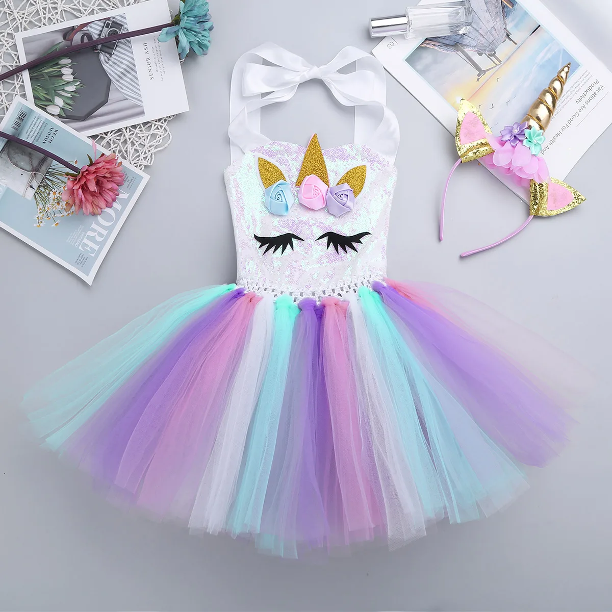Goede TiaoBug Kids Cartoon Outfit 3D Bloemen Pailletten Mesh Tutu Jurk Haar Hoepel Engelenvleugels Set Meisjes Halloween Anime Cosplay Kostuum
