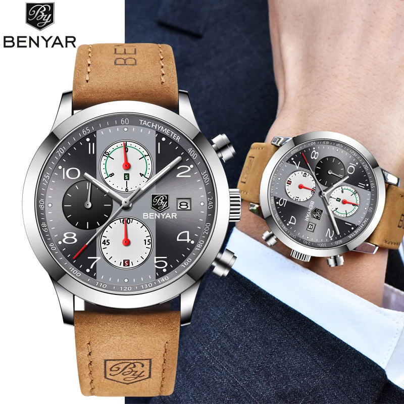 Günstige BENYAR 2019 Neue Mode Chronograph Sport Uhren Männer Lederband Marke Business Quarz Blau Männlichen Armbanduhr Relogio Masculino