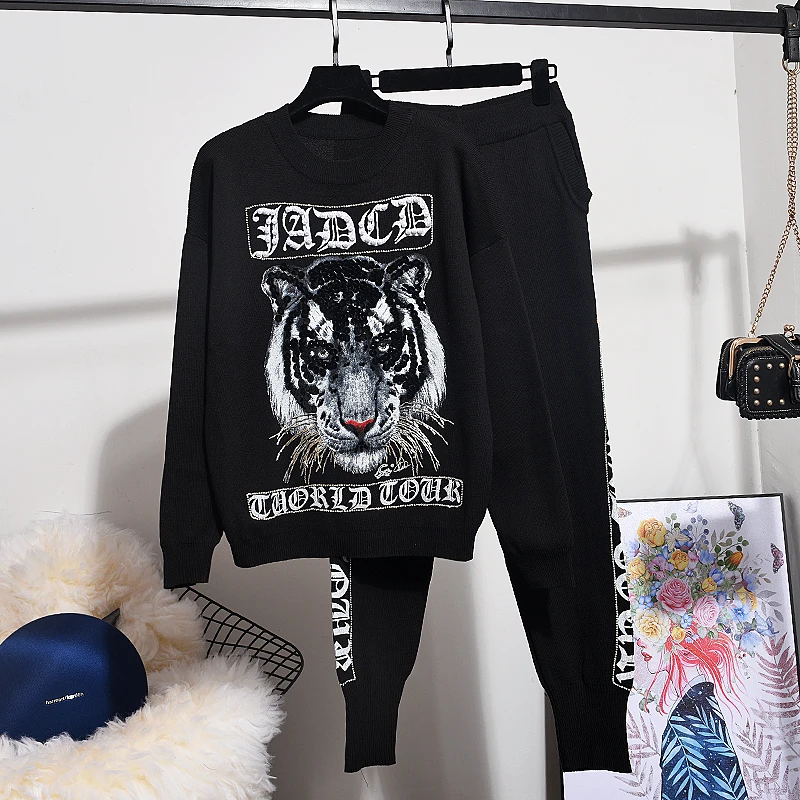 

New knit Set Women Pullover Autumn Winter Fashion Tiger Beads Sequins Knitted Sweater + Long Pants Two Piece Set Women Tide