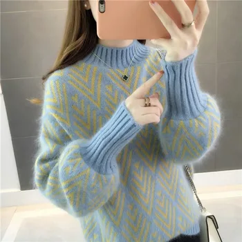 

New Autumn Winter Sweater Women Loose Pullover Lantern sleeve knitted Sweater Fashion Short Half Turtleneck Sweaters Casual Tops