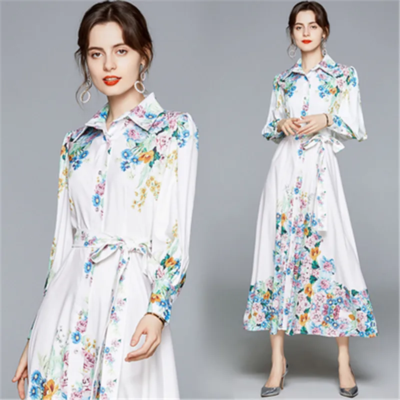

2020 New Fashion Designer Runway Maxi Dress Women Elegant Floral Print Button Down Vintage Sashes Long Holiday Dresses Vestidos