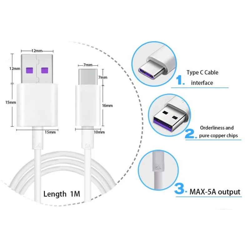 200 шт. Новый 2 м 6 футов кабель быстрой зарядки для huawei USB 5A type C Быстрая зарядка 3 0 Micro