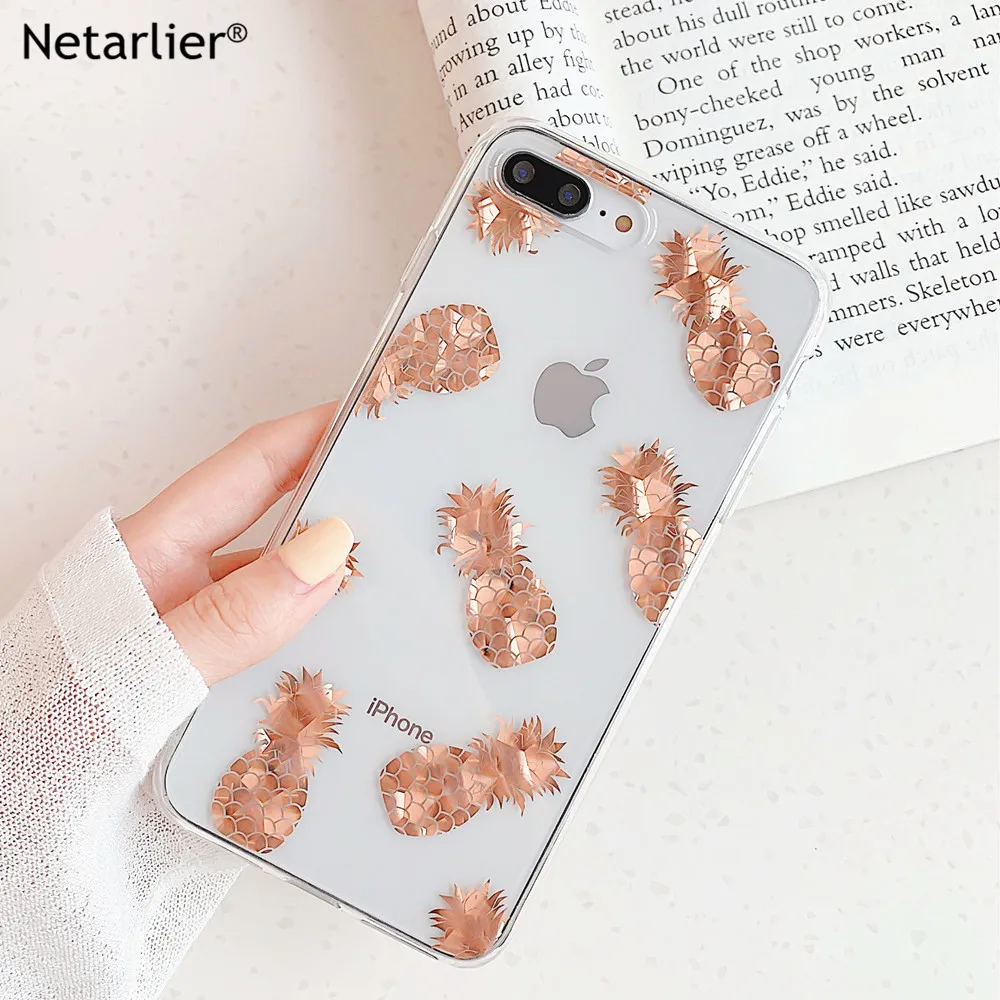 

Netarlier New Arrival Clear IMD Case For iPhone8 7 Plus X XR Xs Max Electroplated Rose Gold Pineapple Design Glossy Fitted Case