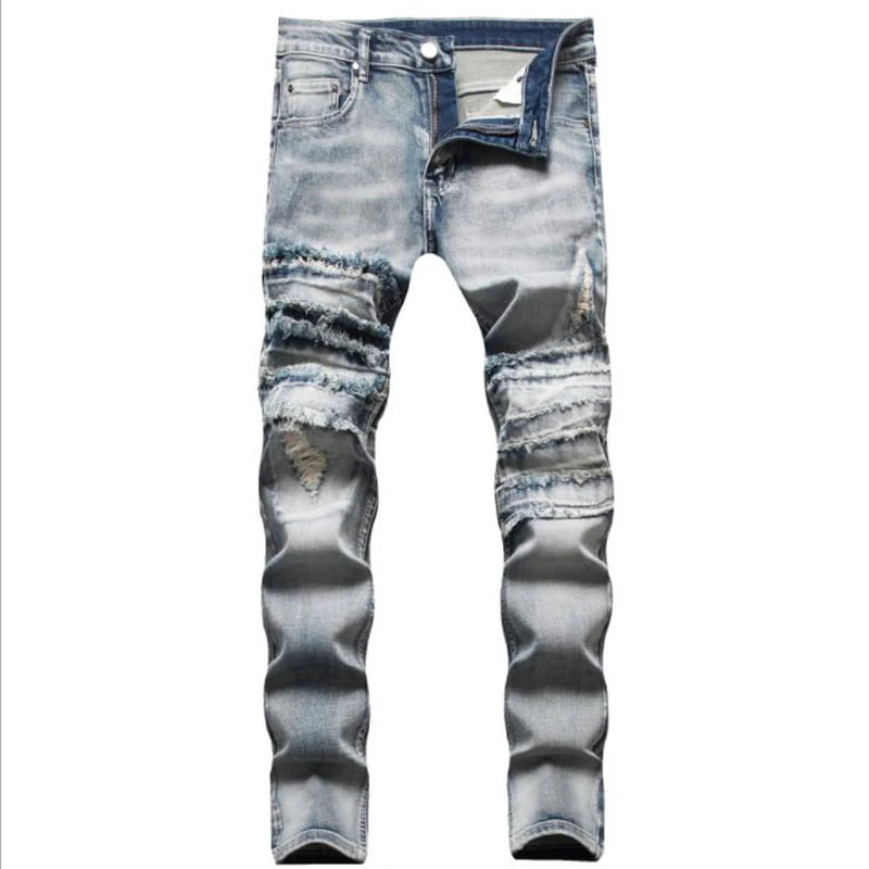 Autumn Winter 2022 New Style European and American  Wash Splice Men Jeans Cut  Folding Fringe Men