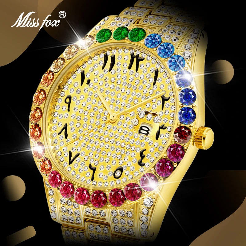 

MISSFOX Watch Men Gold Bracelet Luxury Rainbow Diamond Iced Out Casul Watches Stainless Steel Waterproof Clock Dropshipping 2020