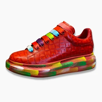 

Men Embossed Crocodile Sneakers Lace Red Real Leather Designer Flat Men Sneakers Platform Casual Shoes