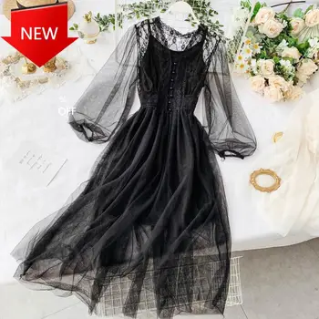 

autumn long sleeved slim sexy v-neck casual dress ladies korean long robe Sweet women mesh lace dresses vestidos spring