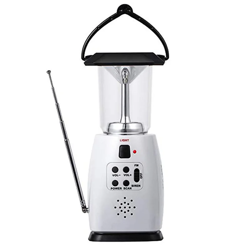 

Multi-Functional 4-Way Powered Solar Hand Crank Led Camping Lantern with Radio and Emergency Cell Phone Charger White