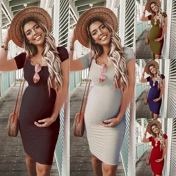 

bunvel Summer Bodycon Pregnant Women Sundresses Solid Maternity Clothes Short Sleeve Pregnancy Dresses mama Wear Clothing