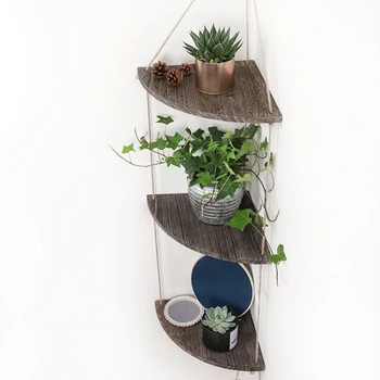 

Jute Rope Wood Wall Floating Shelves Retro Hanging Rack Corner Shelf Displays Storage Rack Wall Decoration